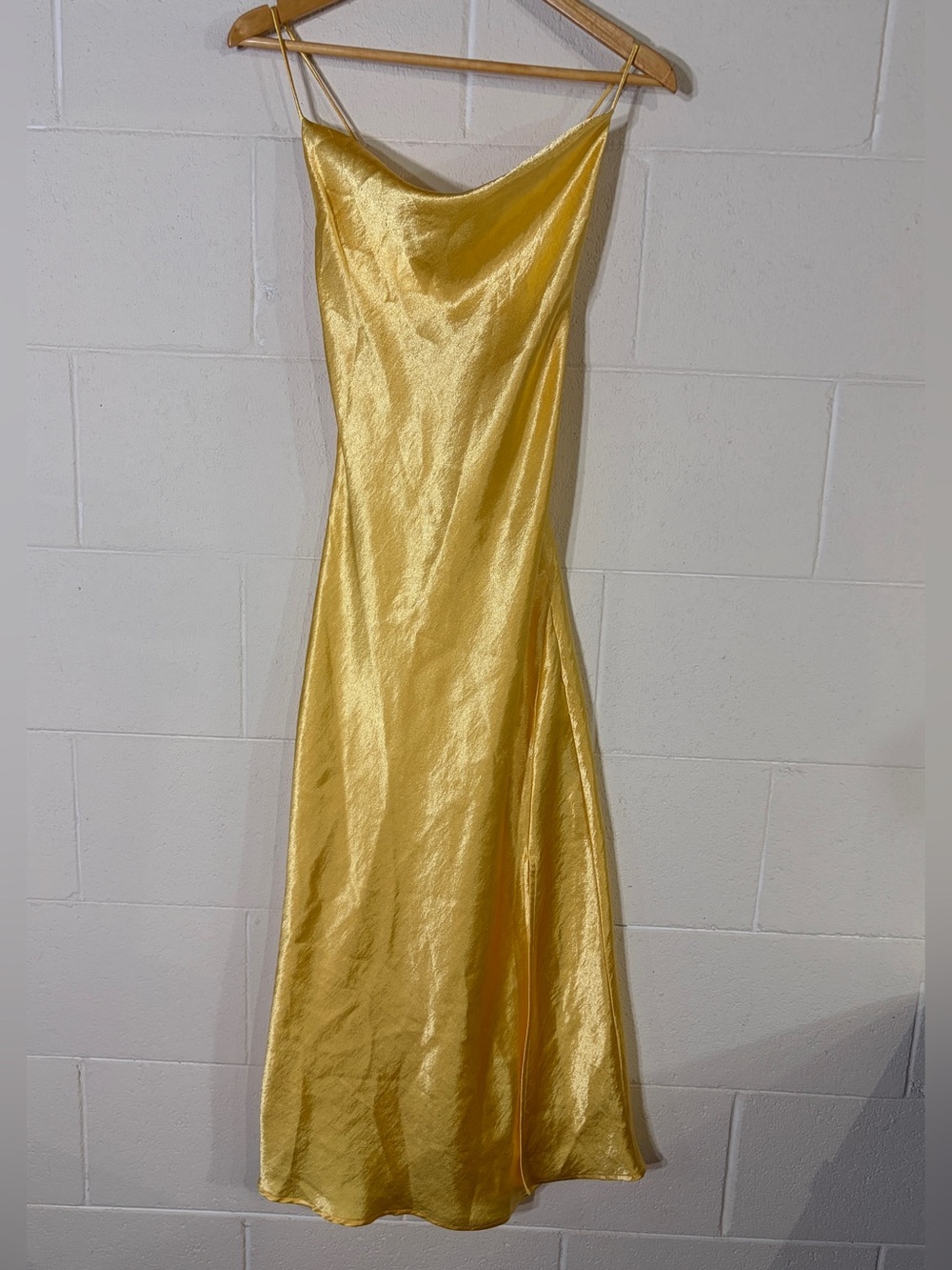 American Threads Gold Satin Slip Midi Dress with Leg Slit size XS